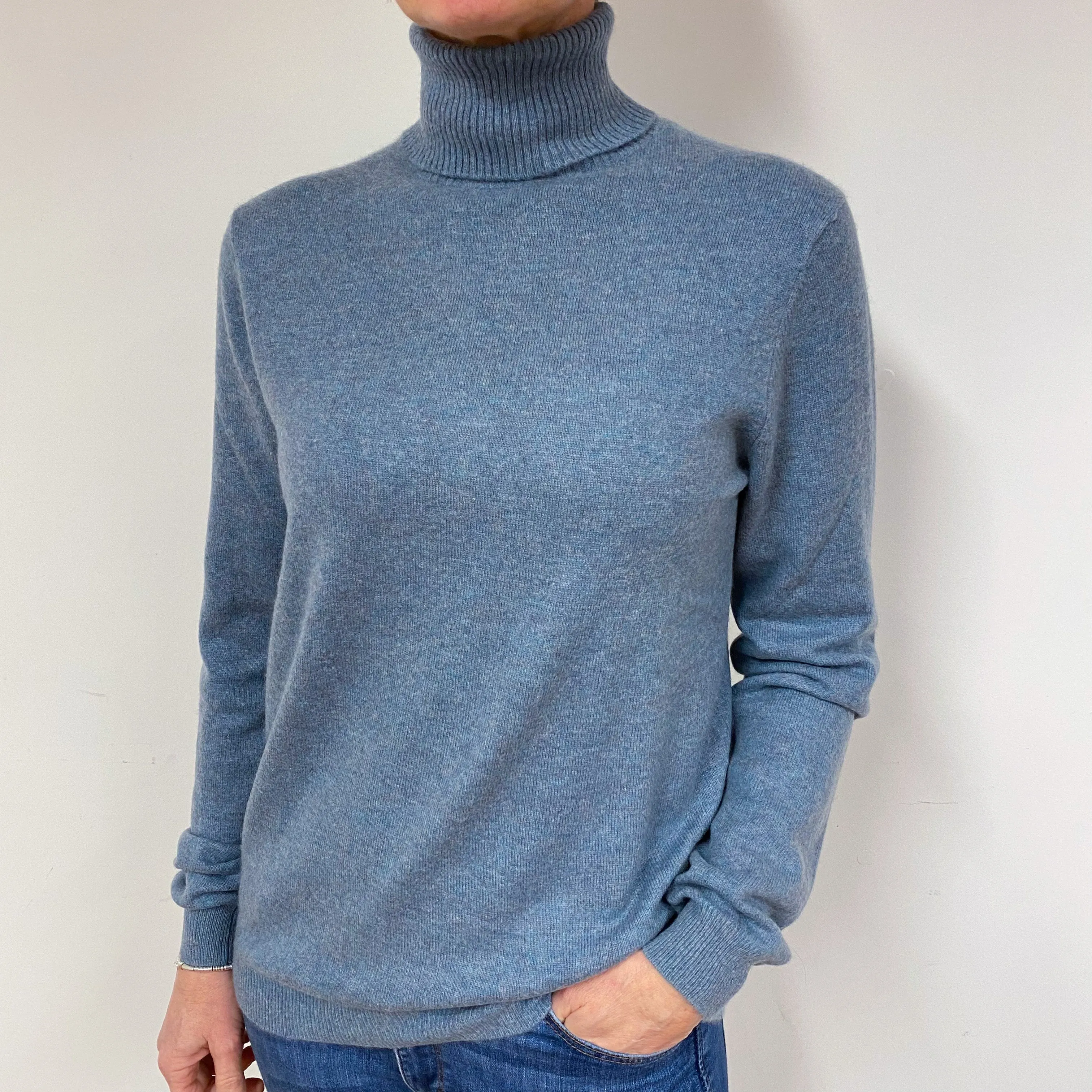 Blue Grey Marl Cashmere Polo Neck Jumper Medium