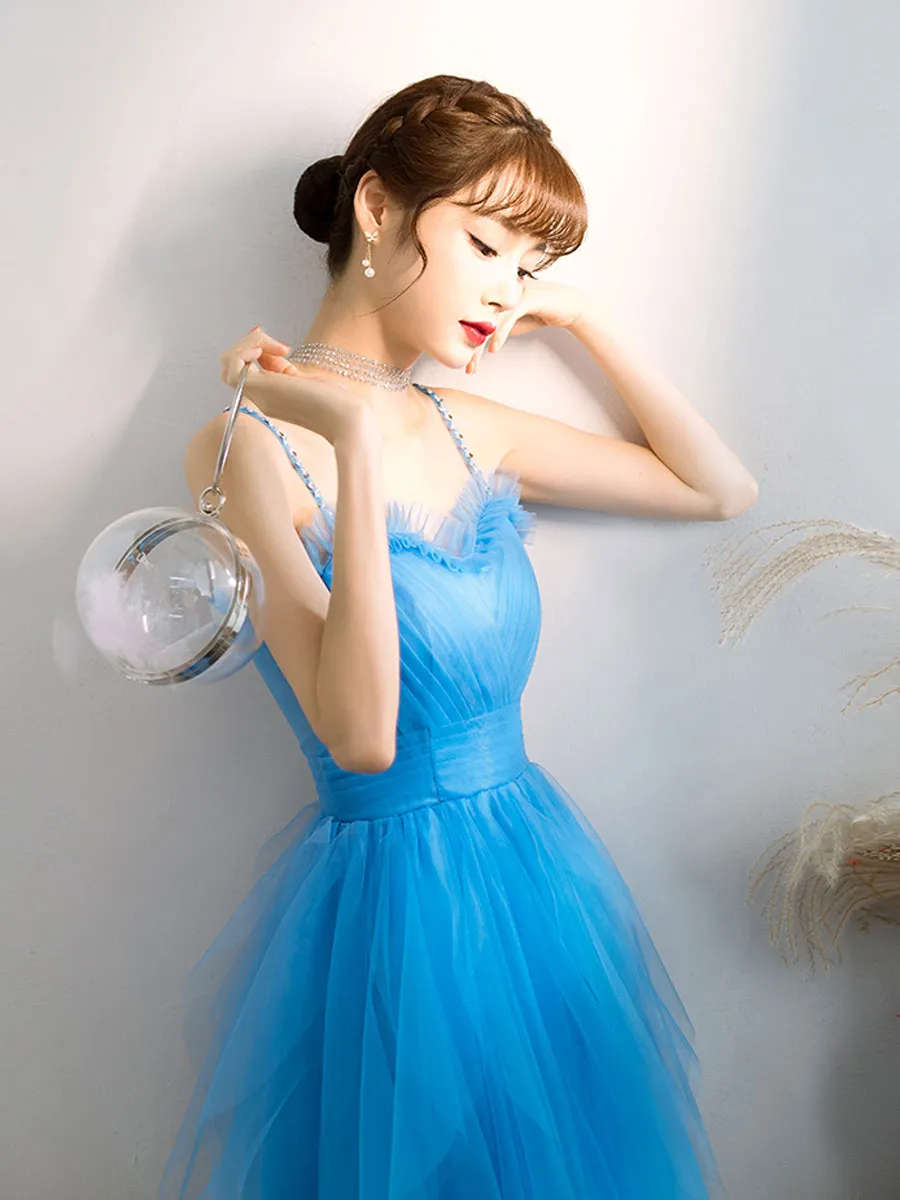 Blue Sweetheart Neck Tulle Long Prom Dress, Blue Evening Dress