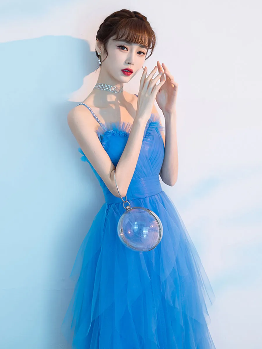 Blue Sweetheart Neck Tulle Long Prom Dress, Blue Evening Dress