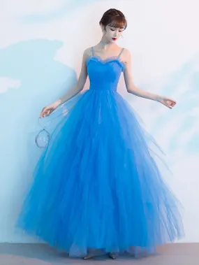 Blue Sweetheart Neck Tulle Long Prom Dress, Blue Evening Dress