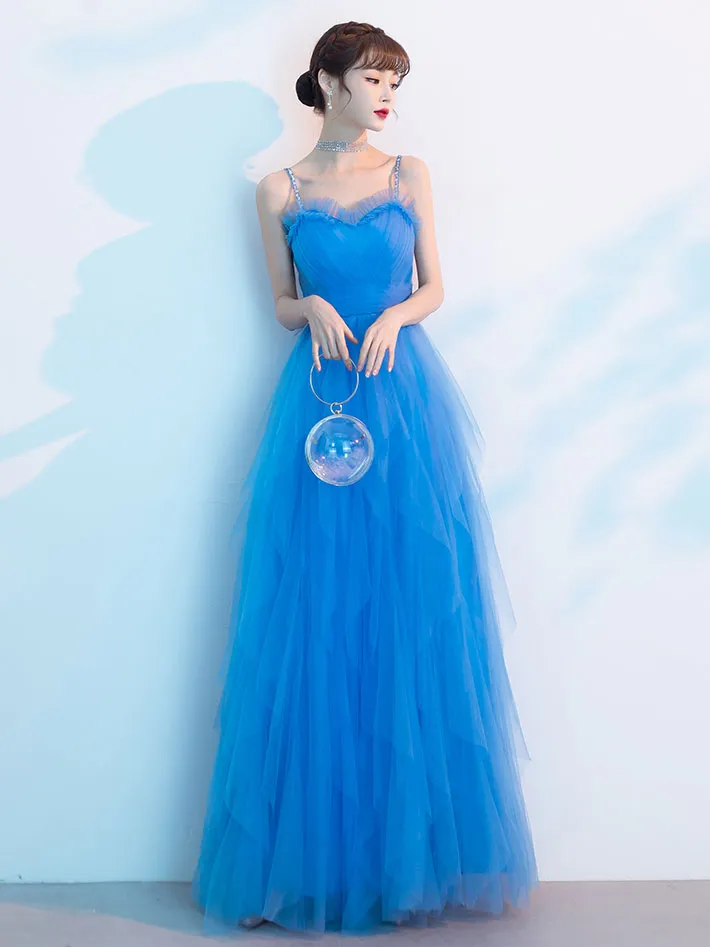 Blue Sweetheart Neck Tulle Long Prom Dress, Blue Evening Dress