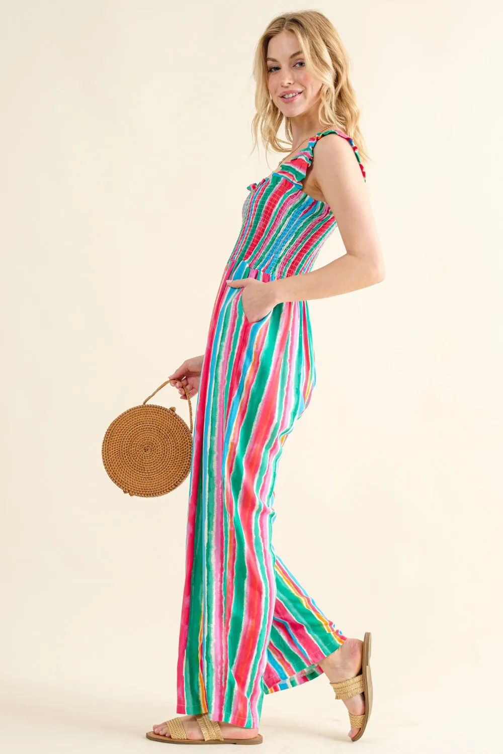 Blue Zone Planet |  And The Why Full Size Striped Smocked Sleeveless Jumpsuit