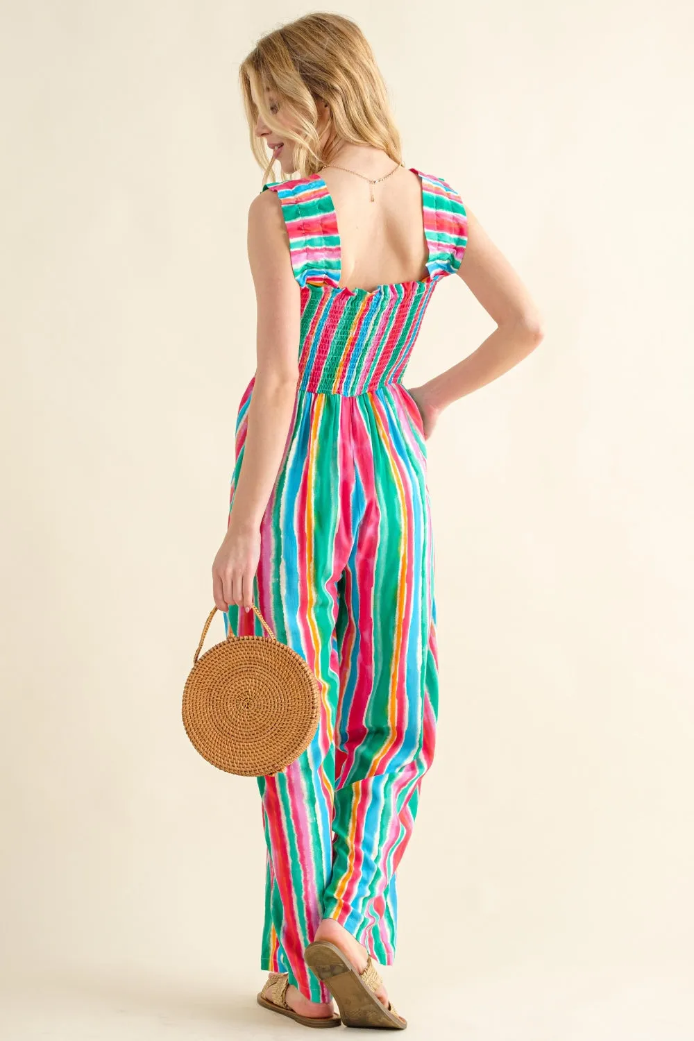 Blue Zone Planet |  And The Why Full Size Striped Smocked Sleeveless Jumpsuit