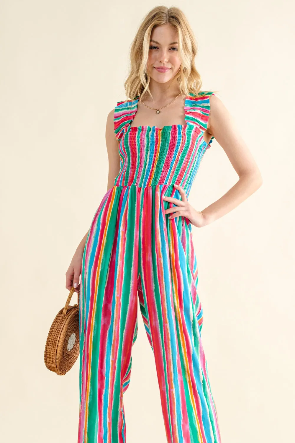 Blue Zone Planet |  And The Why Full Size Striped Smocked Sleeveless Jumpsuit