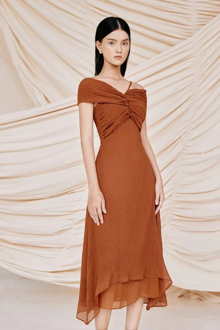 Brown asymmetric shoulder midi dress-ZIV