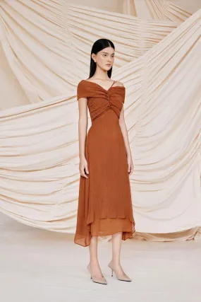 Brown asymmetric shoulder midi dress-ZIV