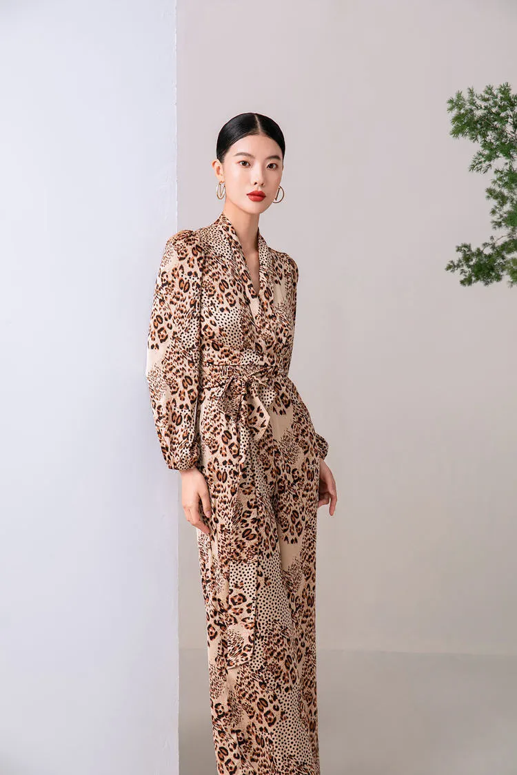 Brown Leopard Belted Wide Leg Jumpsuit