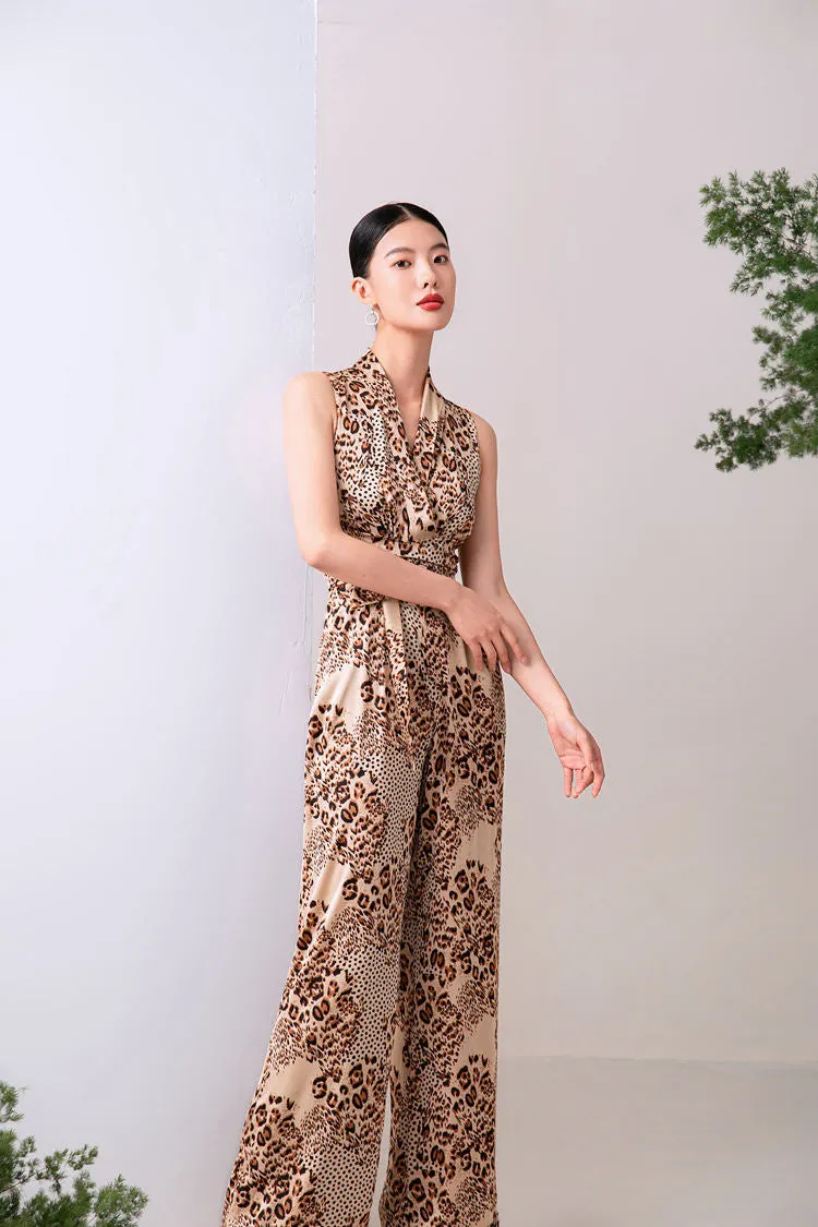 Brown Leopard Belted Wide Leg Jumpsuit