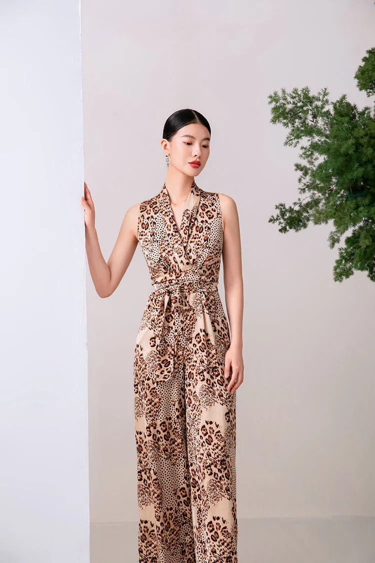 Brown Leopard Belted Wide Leg Jumpsuit