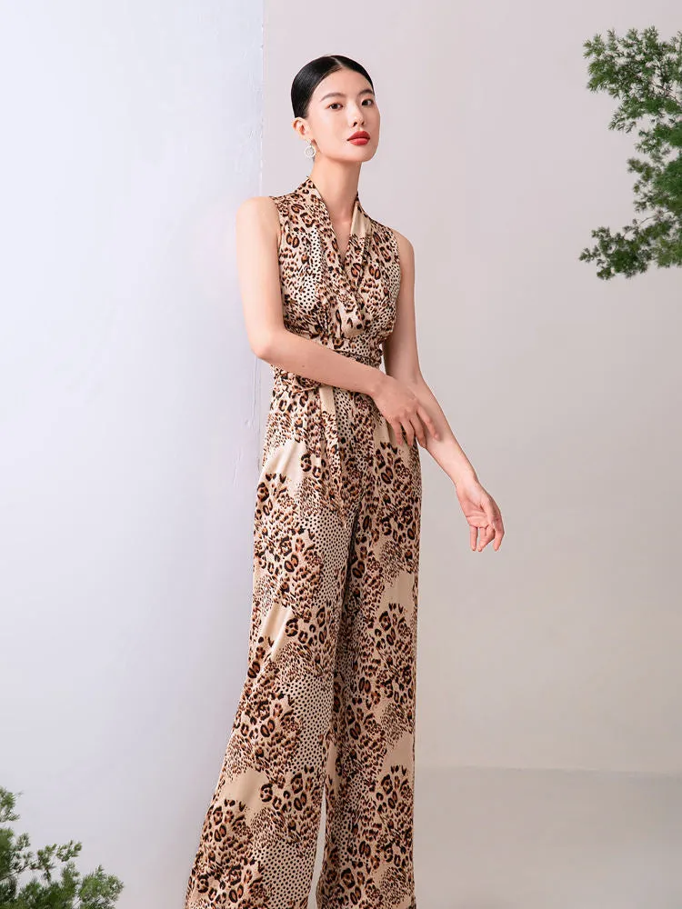 Brown Leopard Belted Wide Leg Jumpsuit