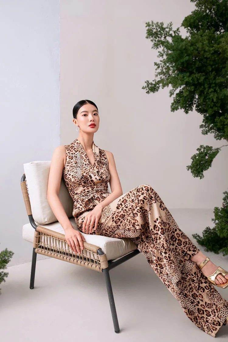 Brown Leopard Belted Wide Leg Jumpsuit