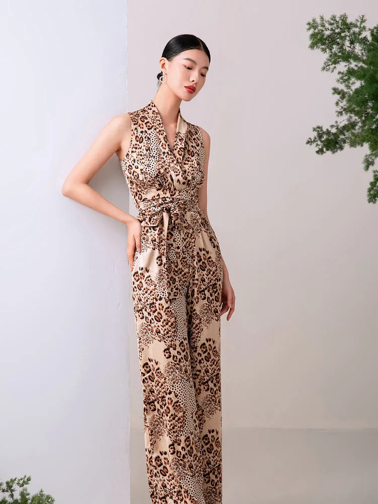 Brown Leopard Belted Wide Leg Jumpsuit