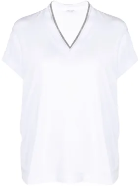 BRUNELLO CUCINELLI Elegant V-Neck Embellished Cotton Tee