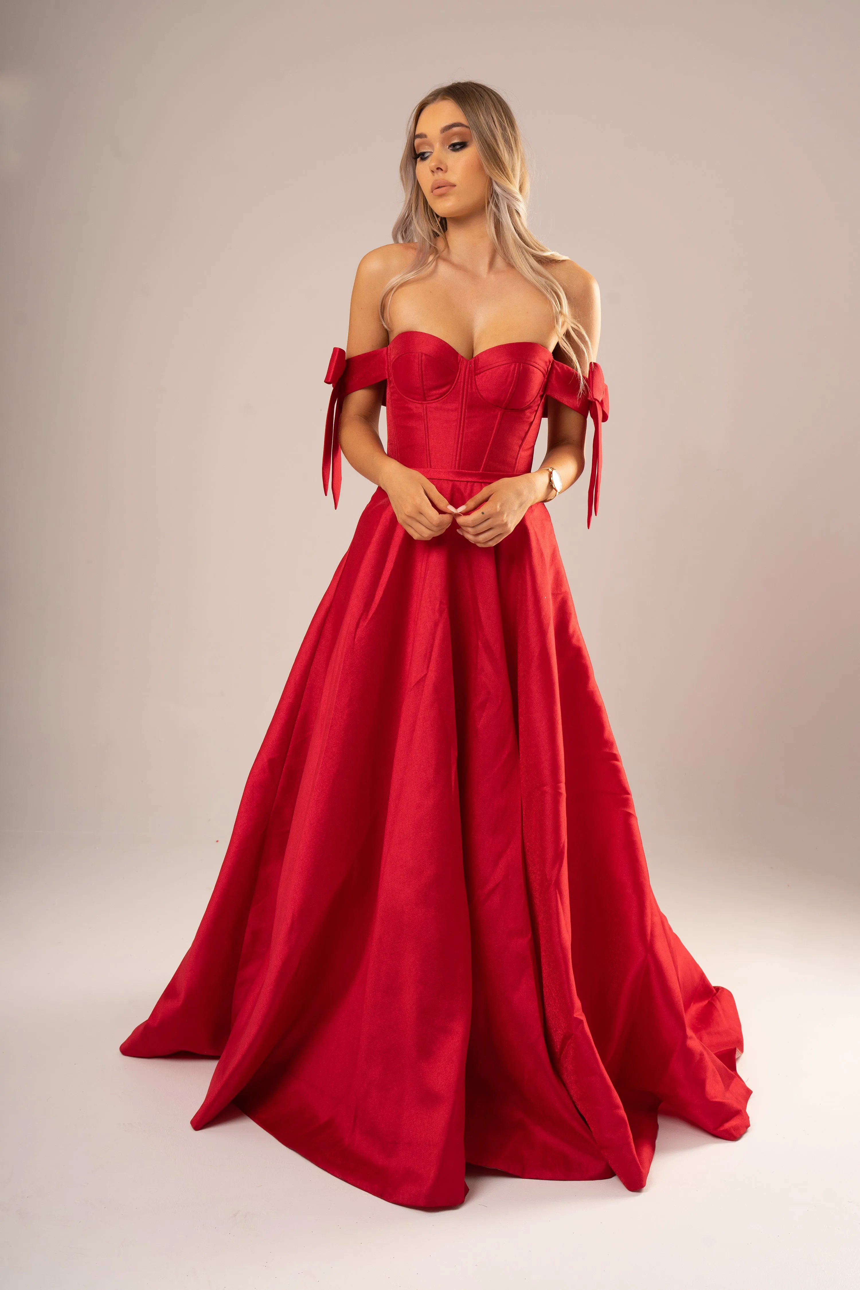 Bustier corset red taffeta dress with bows for hire