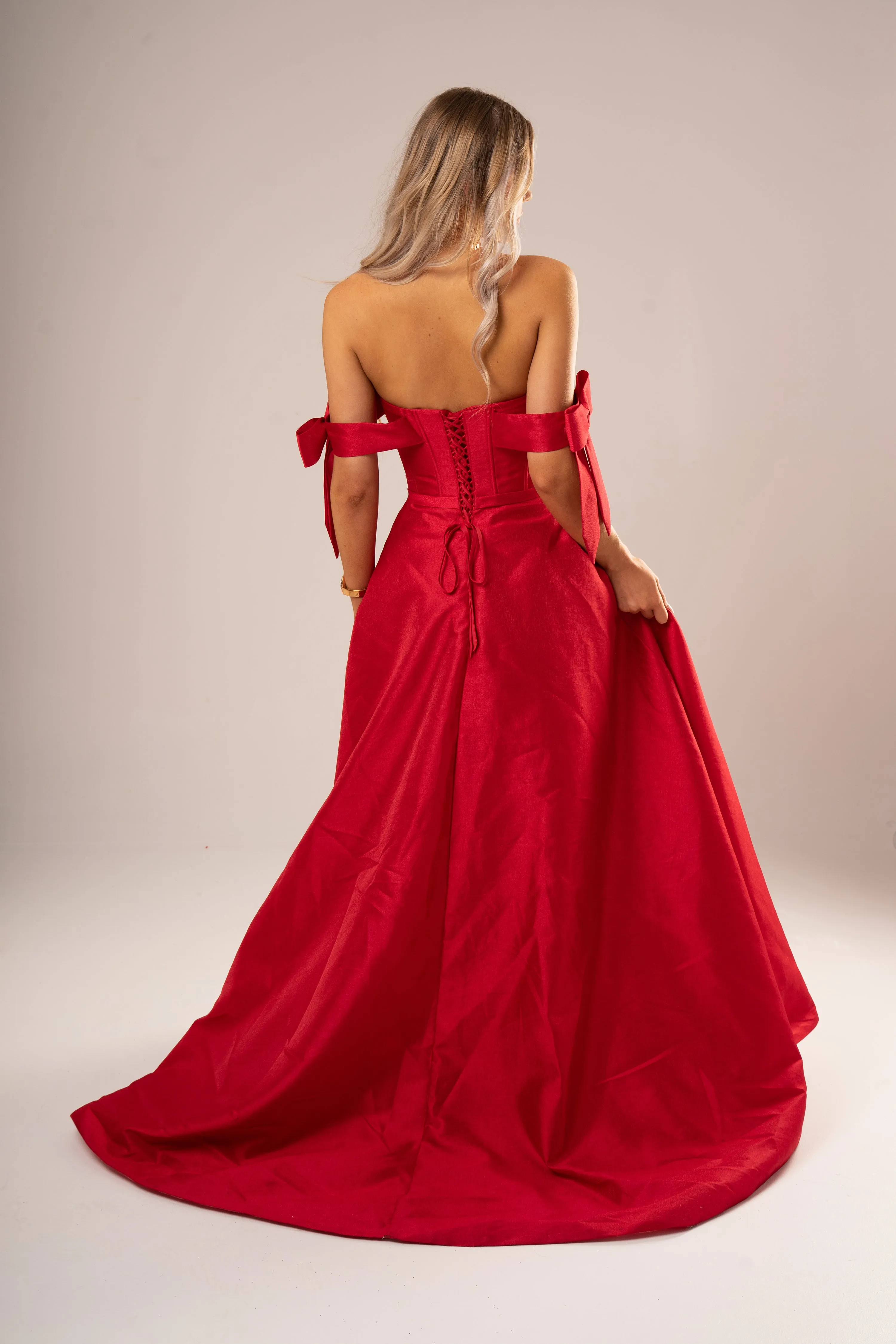 Bustier corset red taffeta dress with bows for hire