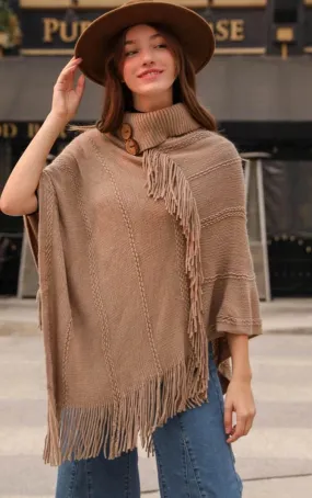 Button Neck Fringe Poncho