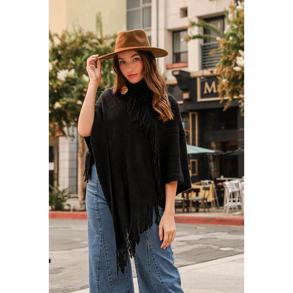 Button Neck Fringe Poncho