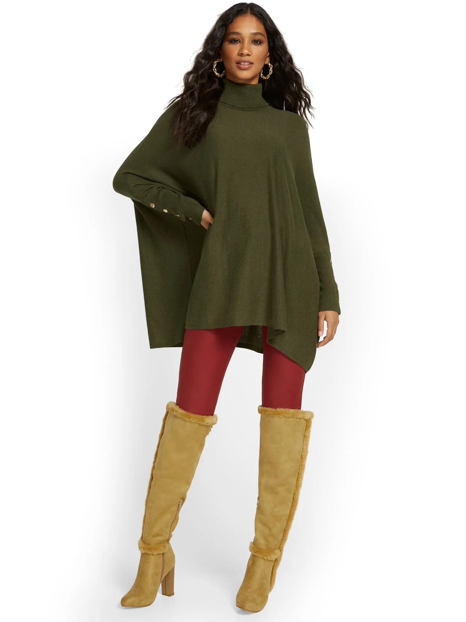 Button-Sleeve Turtleneck Poncho