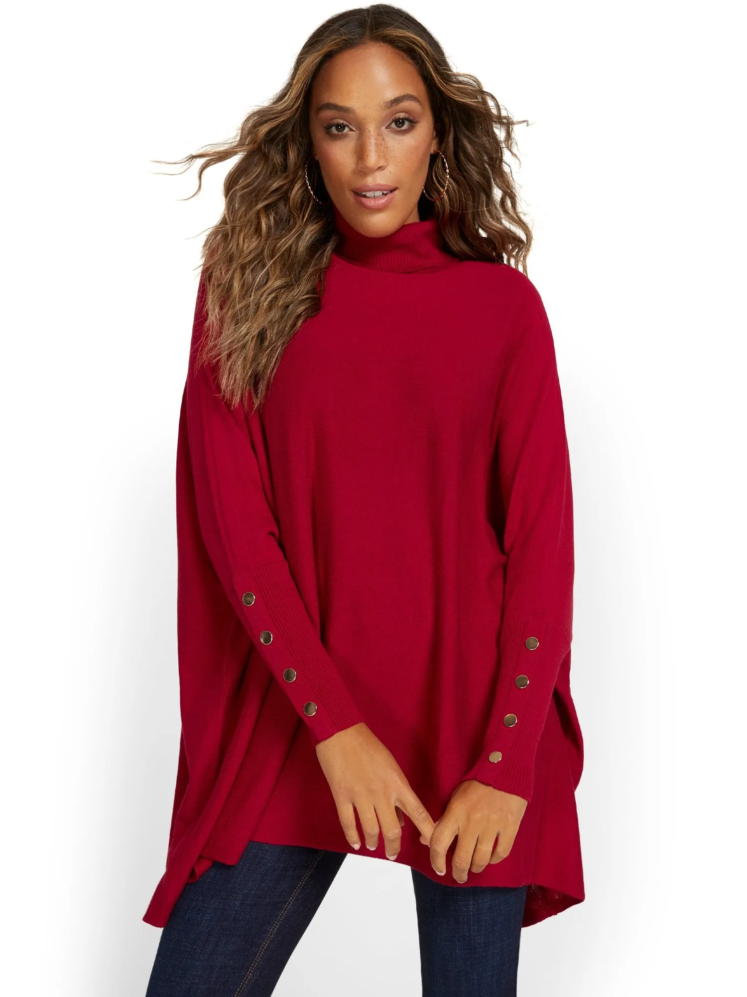 Button-Sleeve Turtleneck Poncho