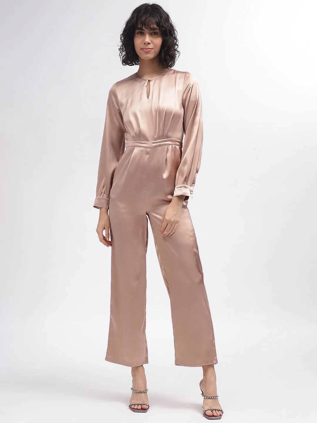 Centre Stage Women Beige Solid Keyhole Neck Full Sleeves Jumpsuit