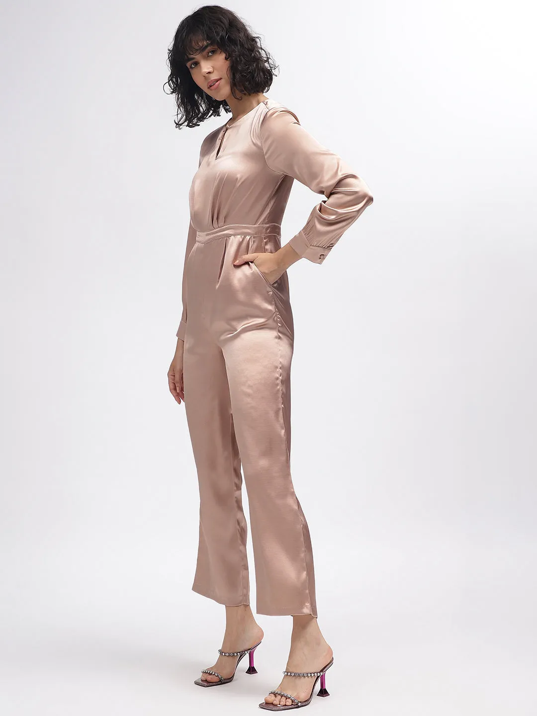 Centre Stage Women Beige Solid Keyhole Neck Full Sleeves Jumpsuit