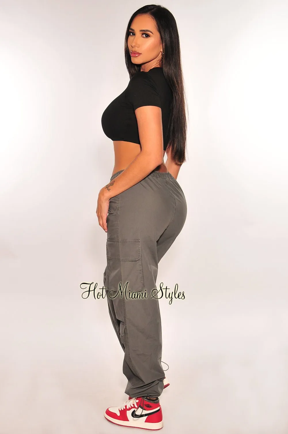 Charcoal High Waist Drawstring Cargo Parachute Pants