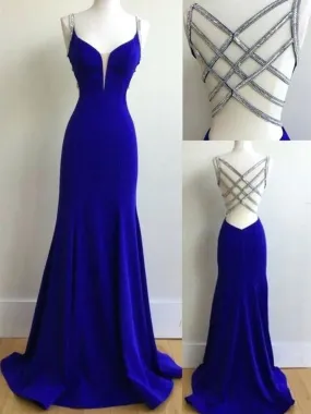 Charming V Neck Mermaid Royal Blue Long Prom, Royal Blue Formal, Evening