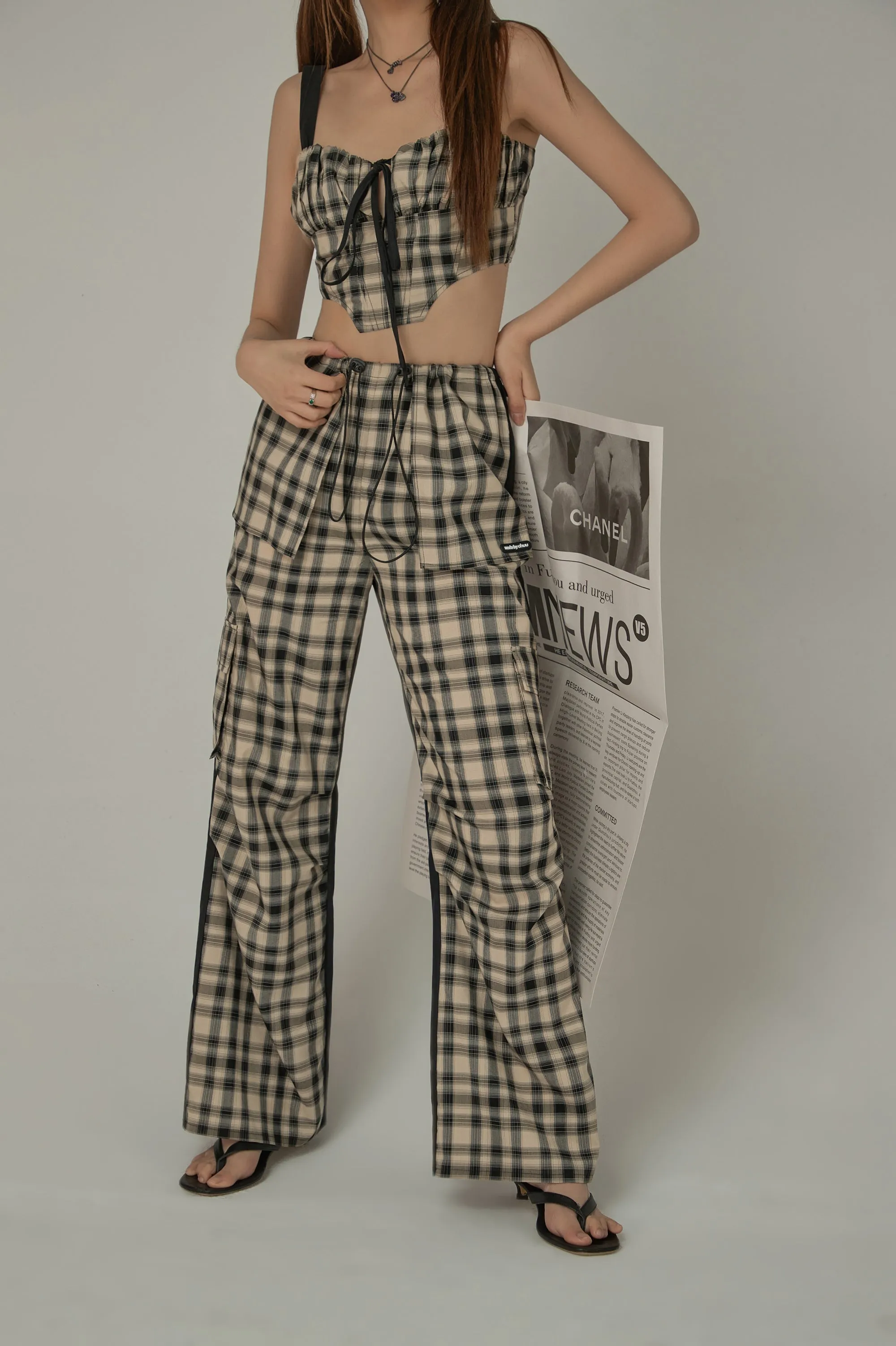 Checked Cargo Contrasting Color Casual Pants