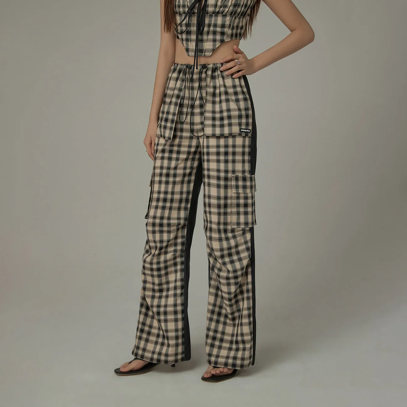 Checked Cargo Contrasting Color Casual Pants