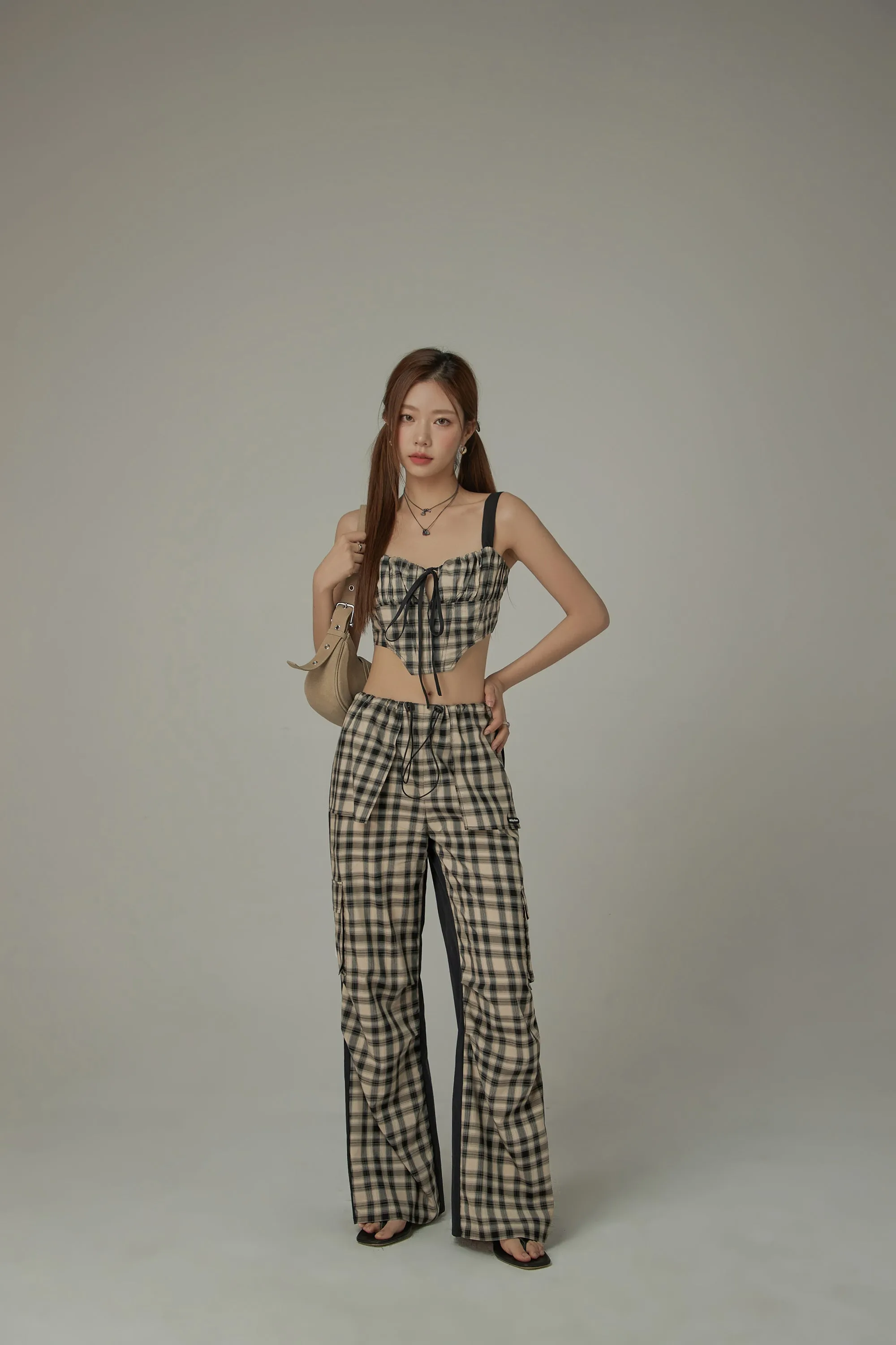 Checked Cargo Contrasting Color Casual Pants