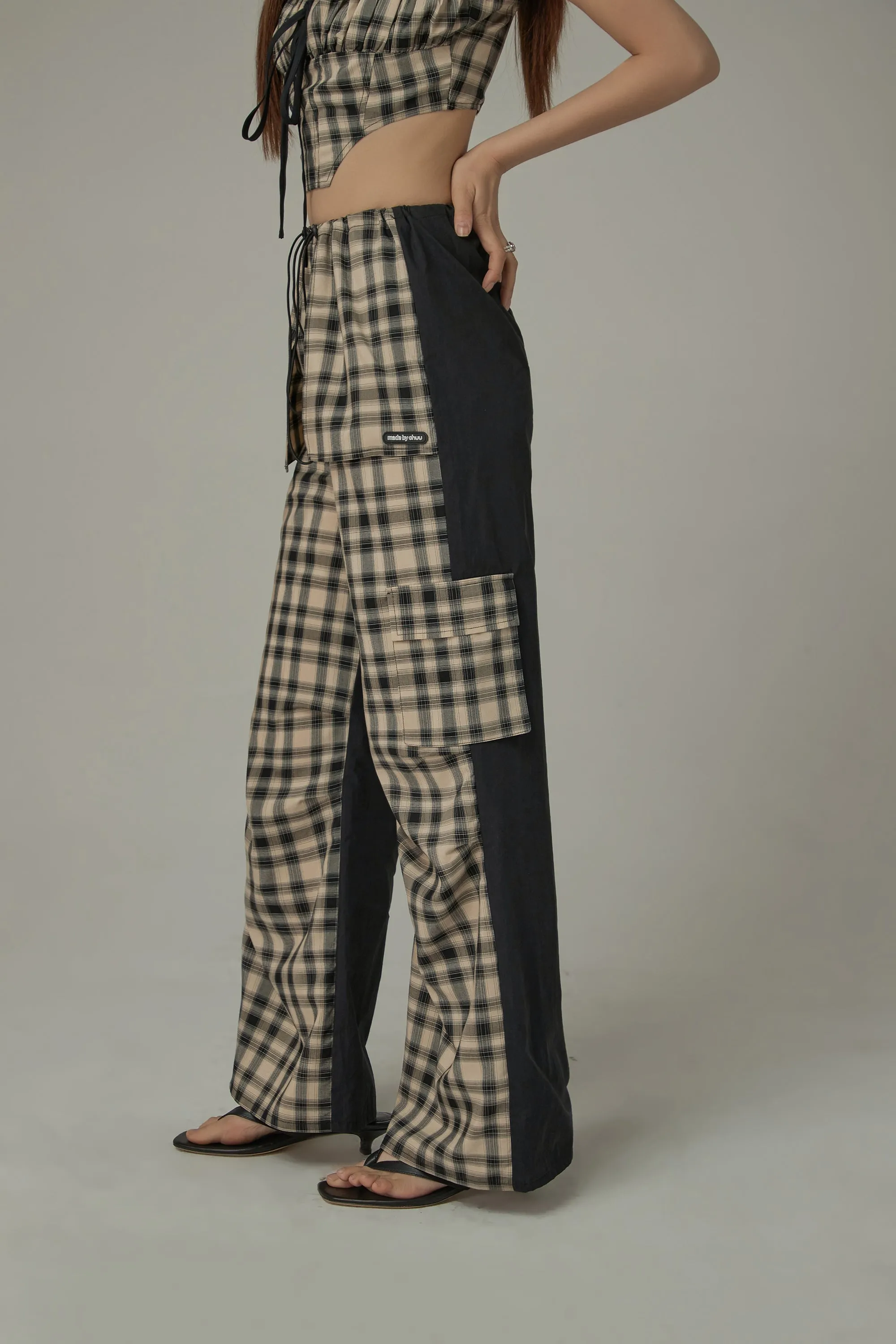 Checked Cargo Contrasting Color Casual Pants