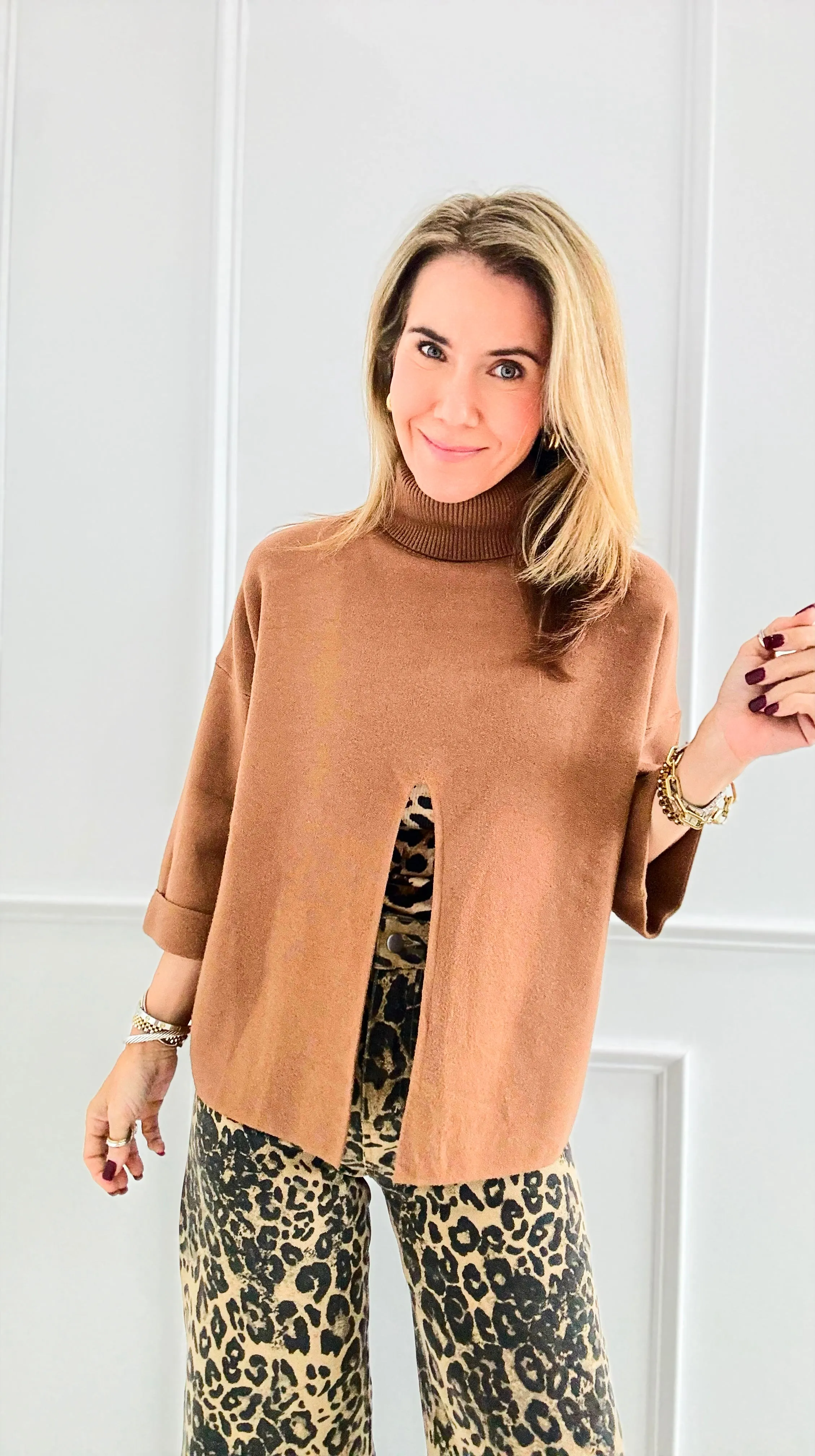 Chic Split Italian Sweater- Camel