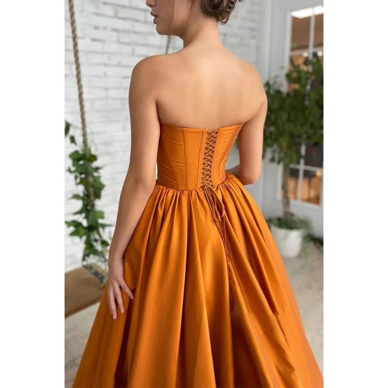 Chic Strapless Satin A-line Long Formal Evening Dress