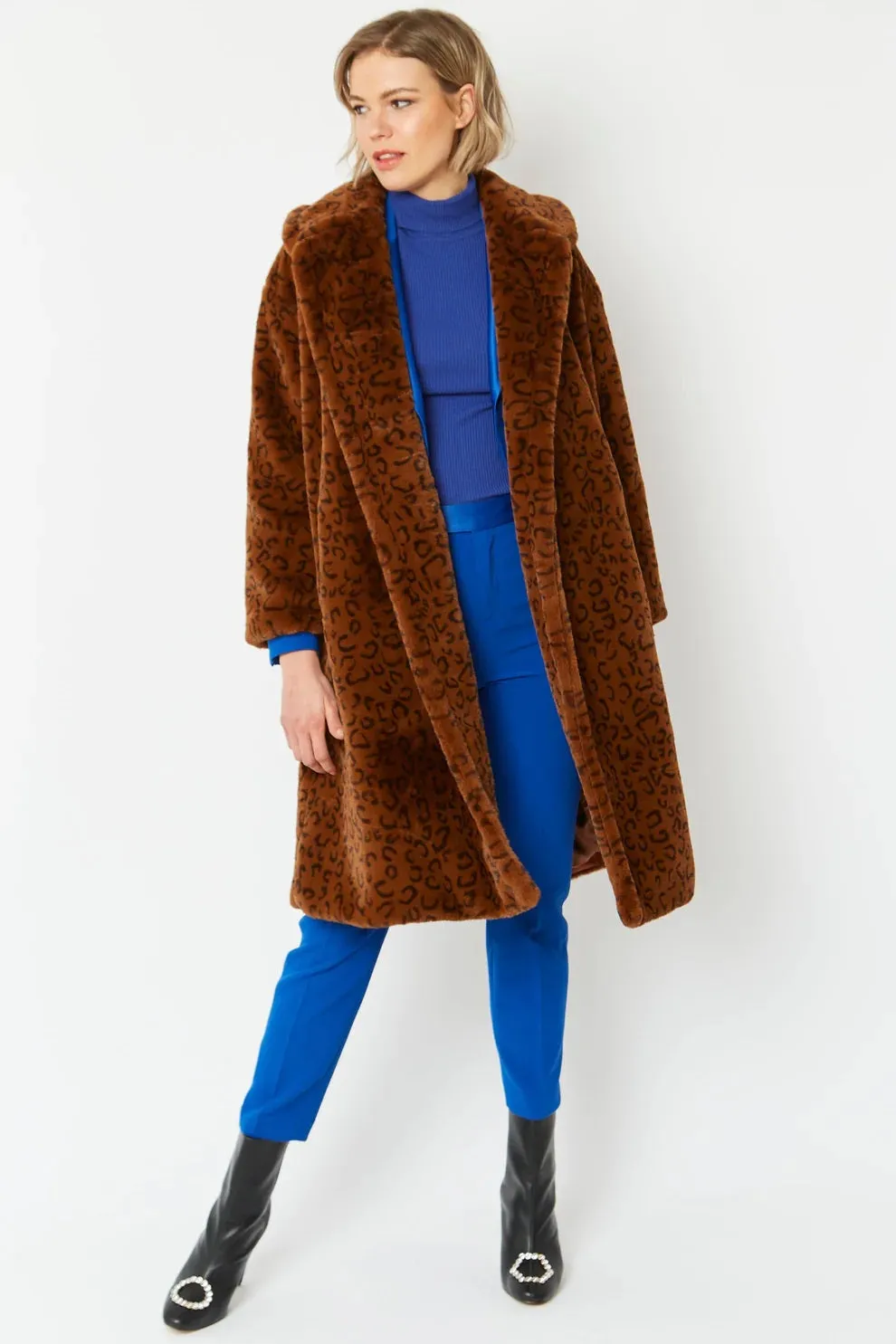 Chocolate Faux Fur Midi Shaved Shearling Coat