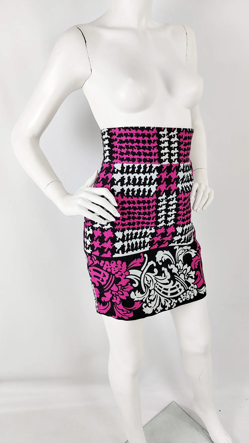 Christian Lacroix Vintage Black, Fuchsia & White Houndstooth Skirt, 1990s