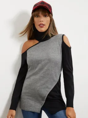 Cold-Shoulder Colorblock Tunic Sweater