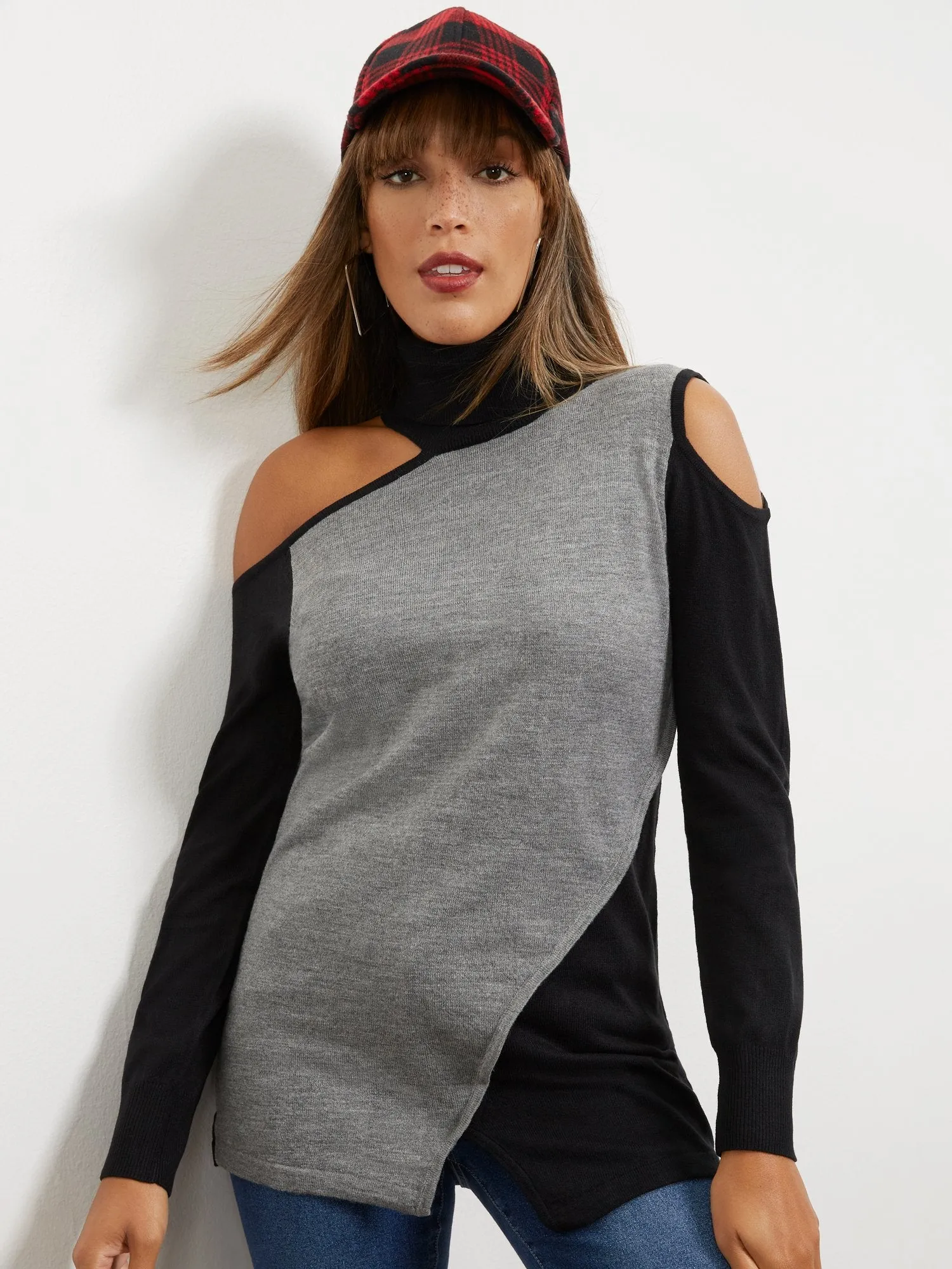 Cold-Shoulder Colorblock Tunic Sweater