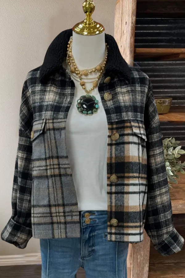 Colorblock Plaid Fur Collar Jacket