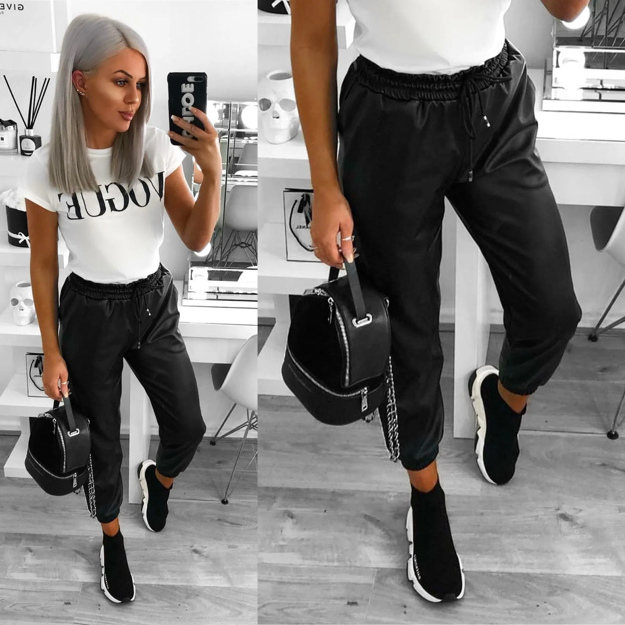 ‘Connie’ Black Faux- Leather Joggers