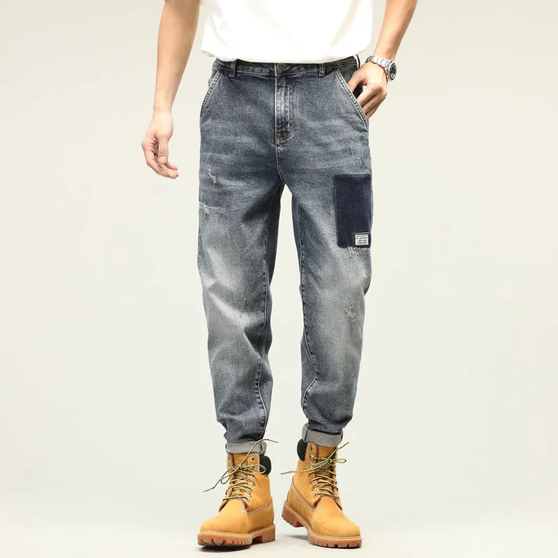 Contrast Patchwork Distressed Loose Jeans