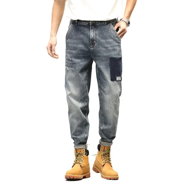 Contrast Patchwork Distressed Loose Jeans