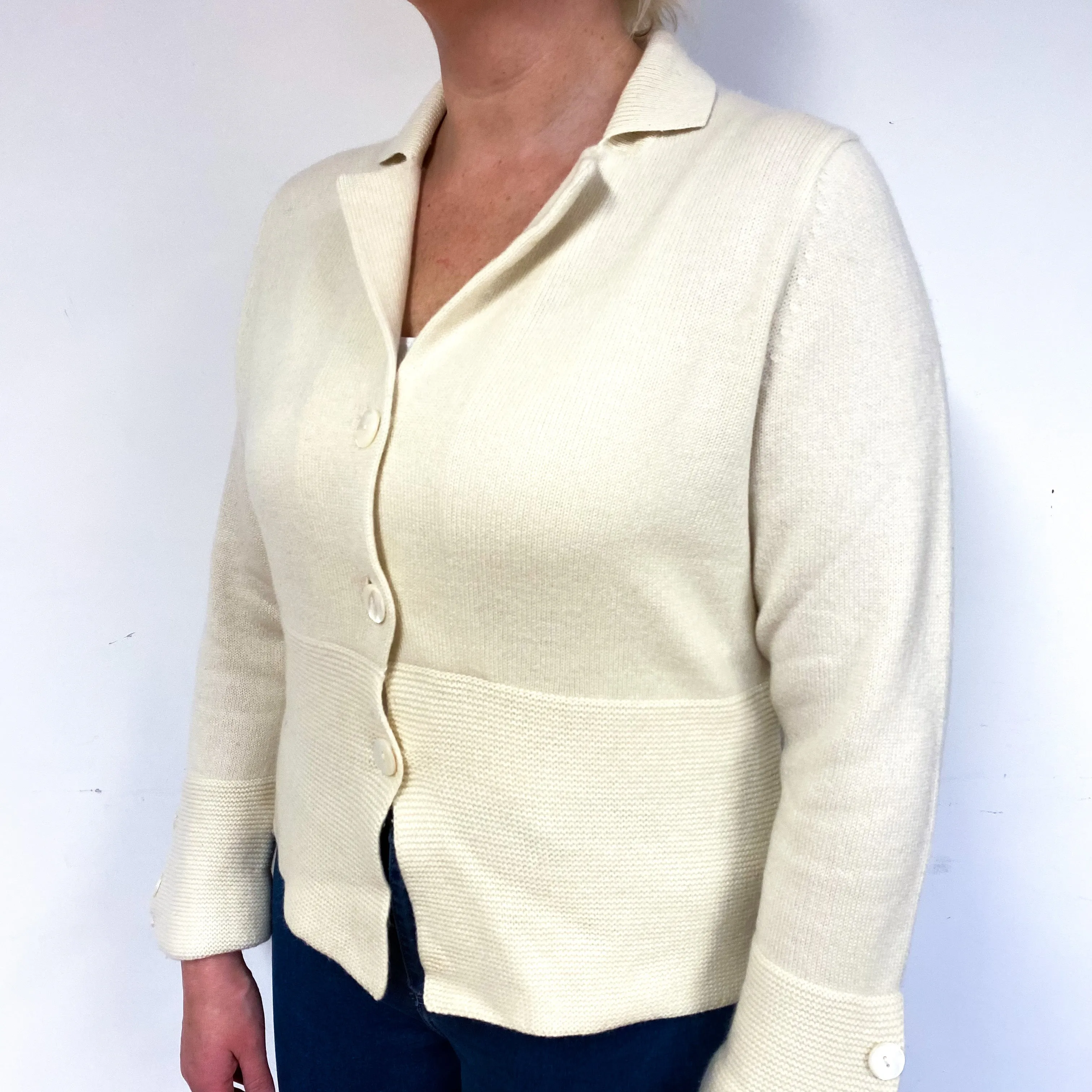 Cream Heavy Knit Cashmere Collared Cardigan Large