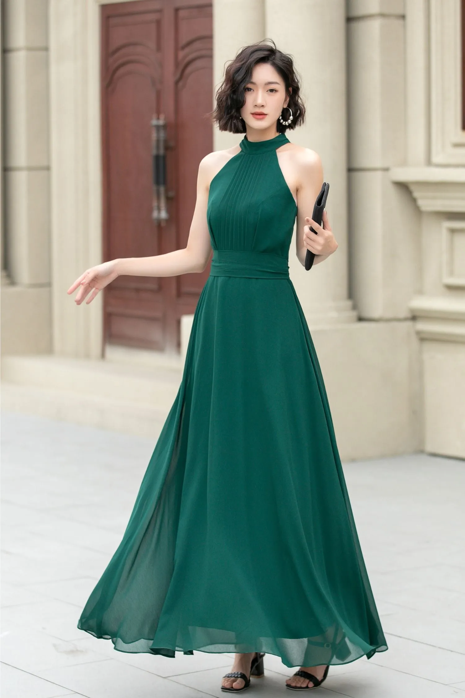 Dark green maxi halter summer party dress 5172