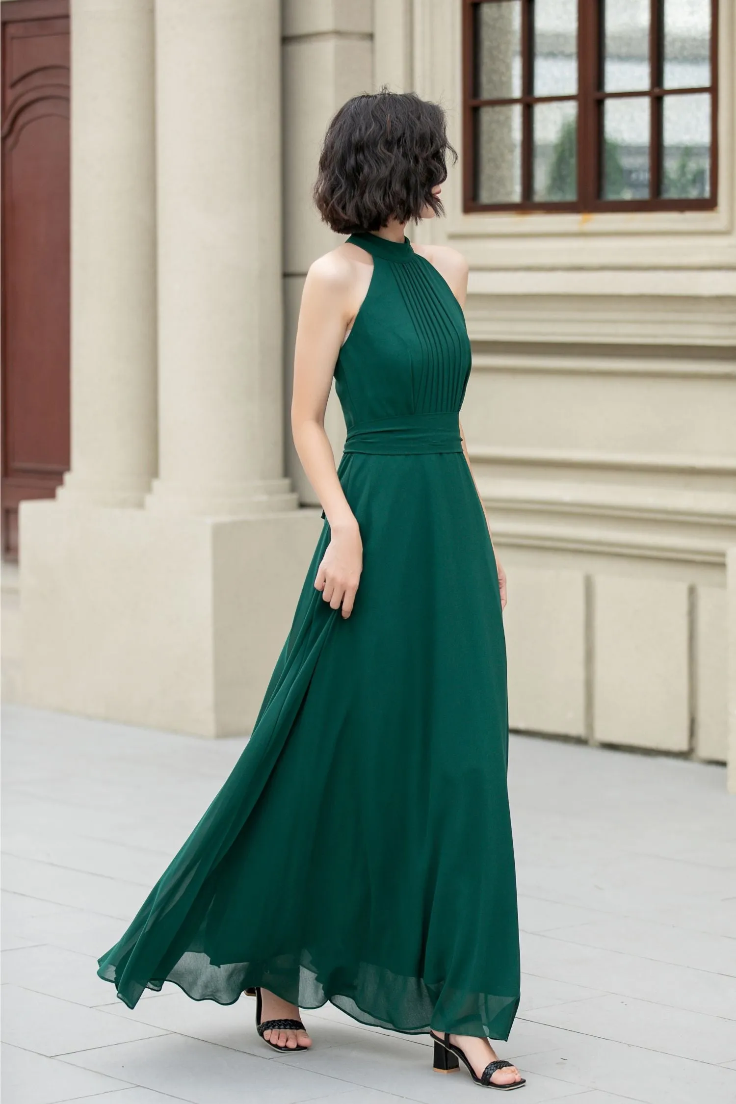 Dark green maxi halter summer party dress 5172