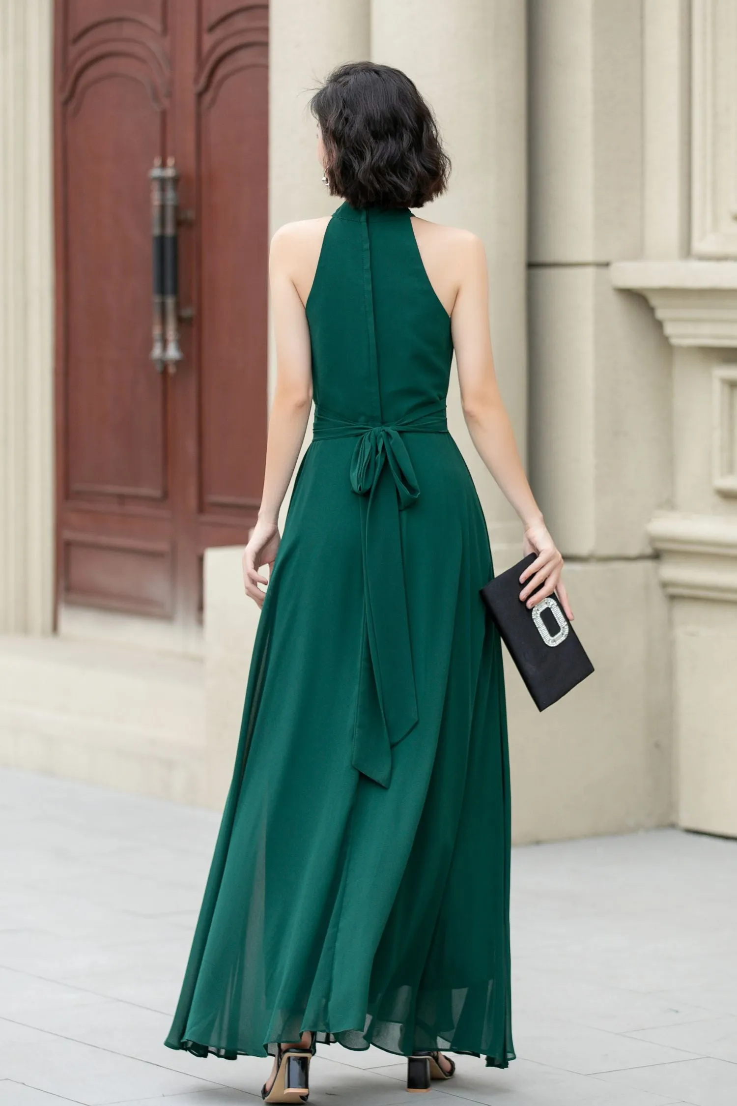 Dark green maxi halter summer party dress 5172