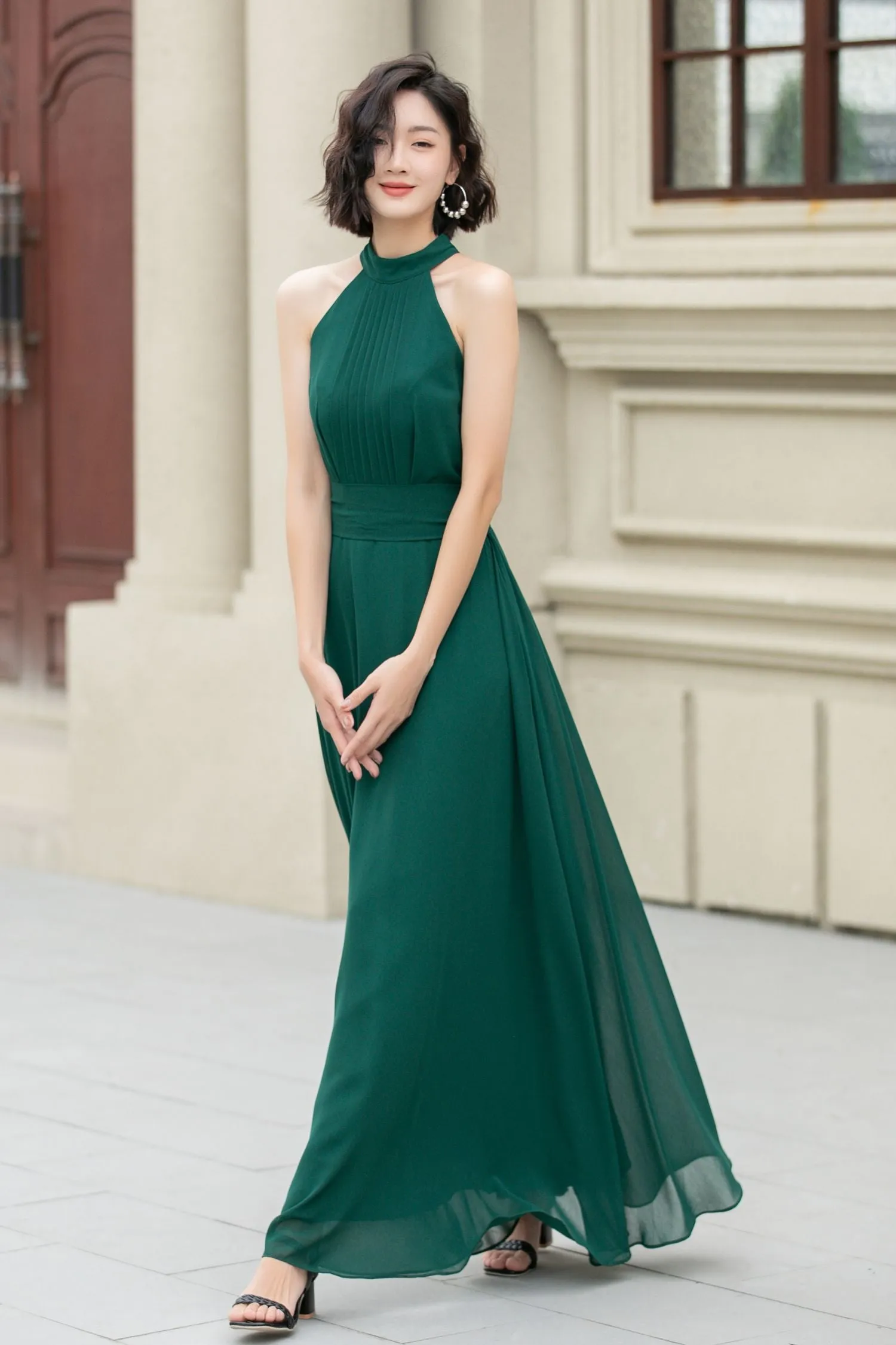 Dark green maxi halter summer party dress 5172