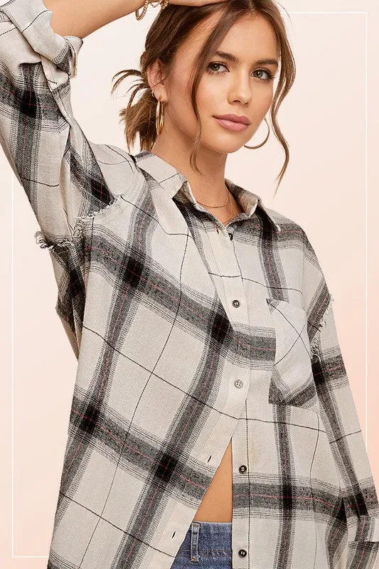 DEBORAHS FAVORITE RAW EDGE BUTTON DOWN PLAID SHIRT