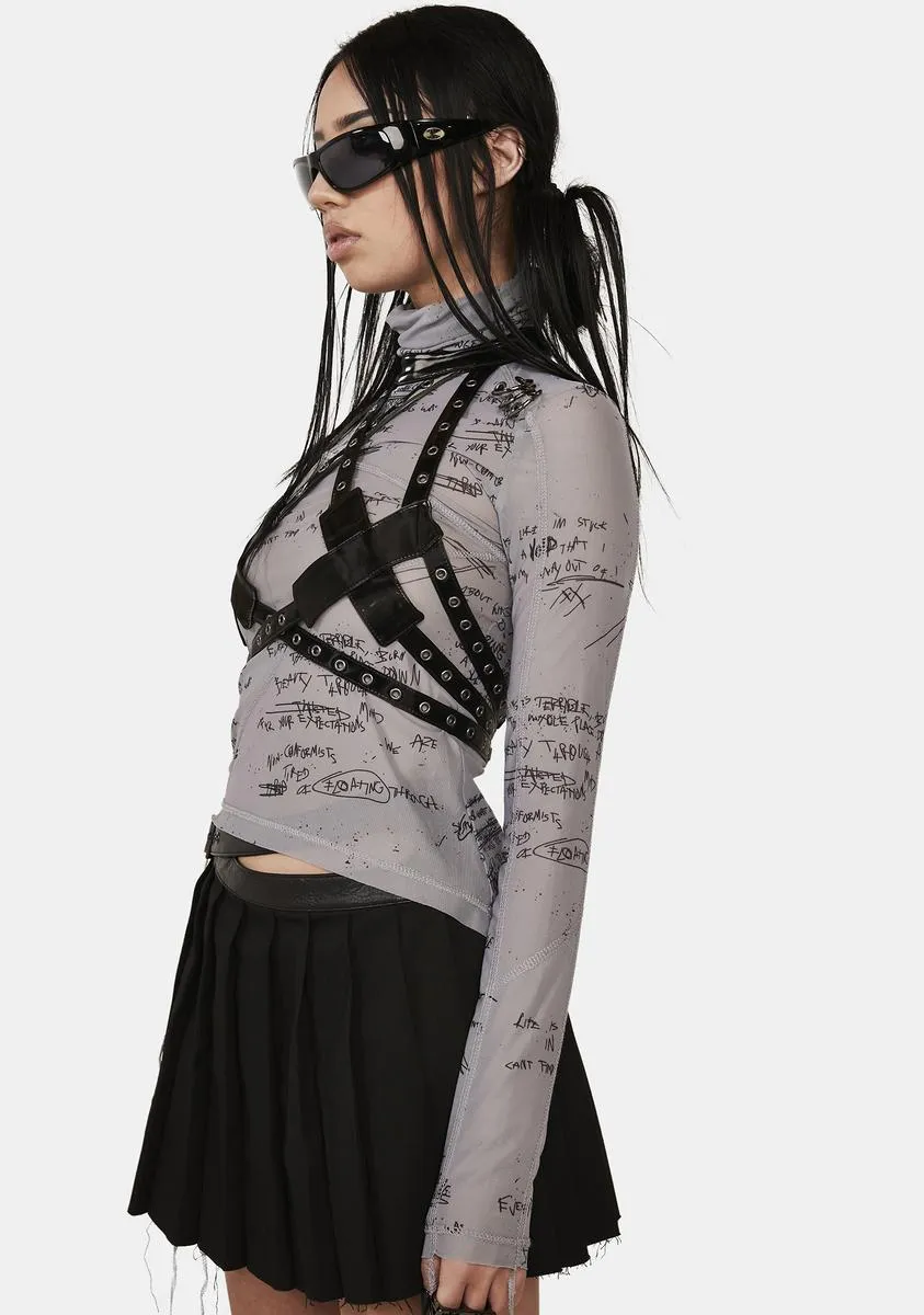 Distortion Writing Print Mesh Harness Top Set