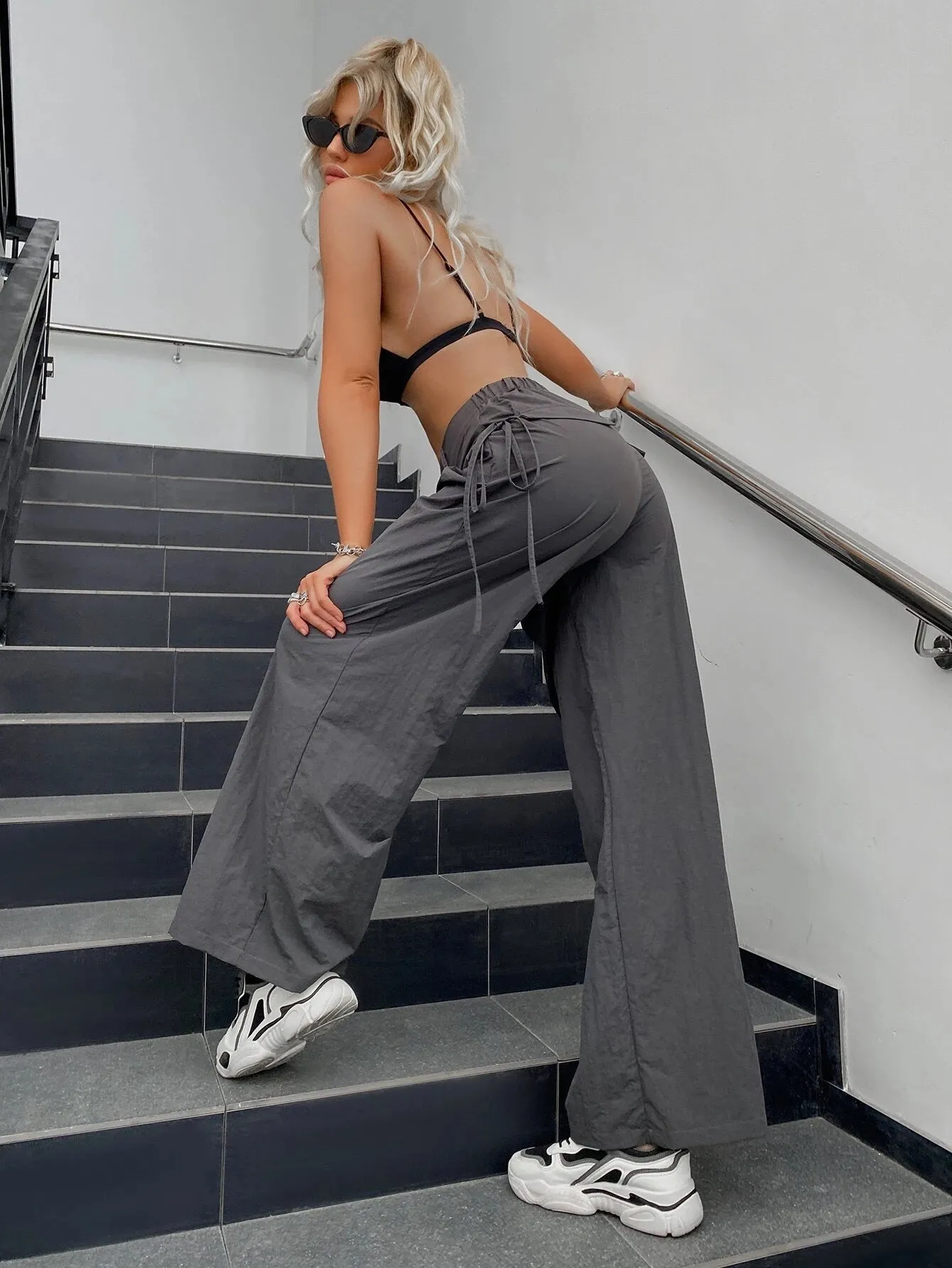 Drawstring Side Parachute Wide Leg Pants