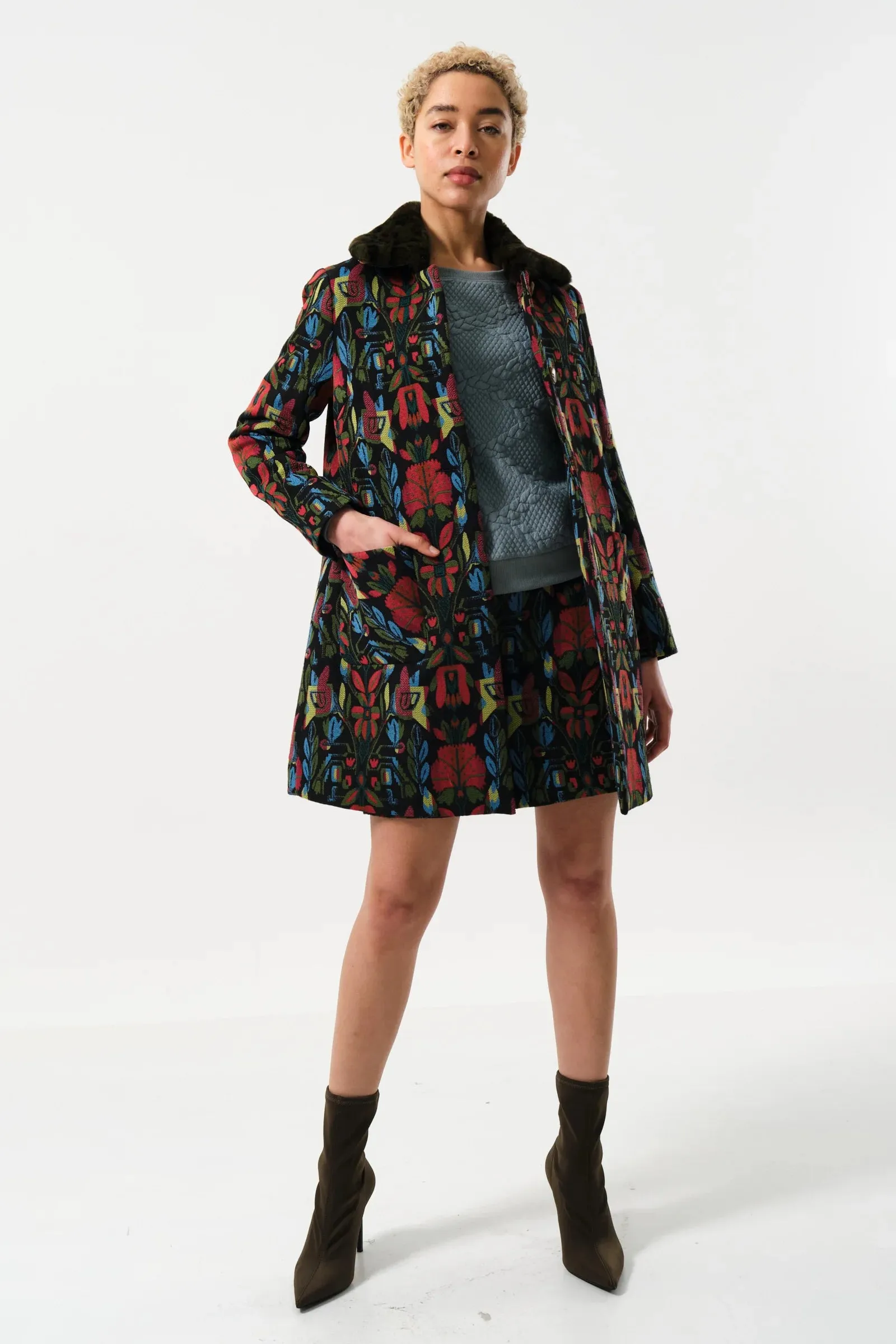 Dryden Folk Jacquard Faux Fur Collared Coat